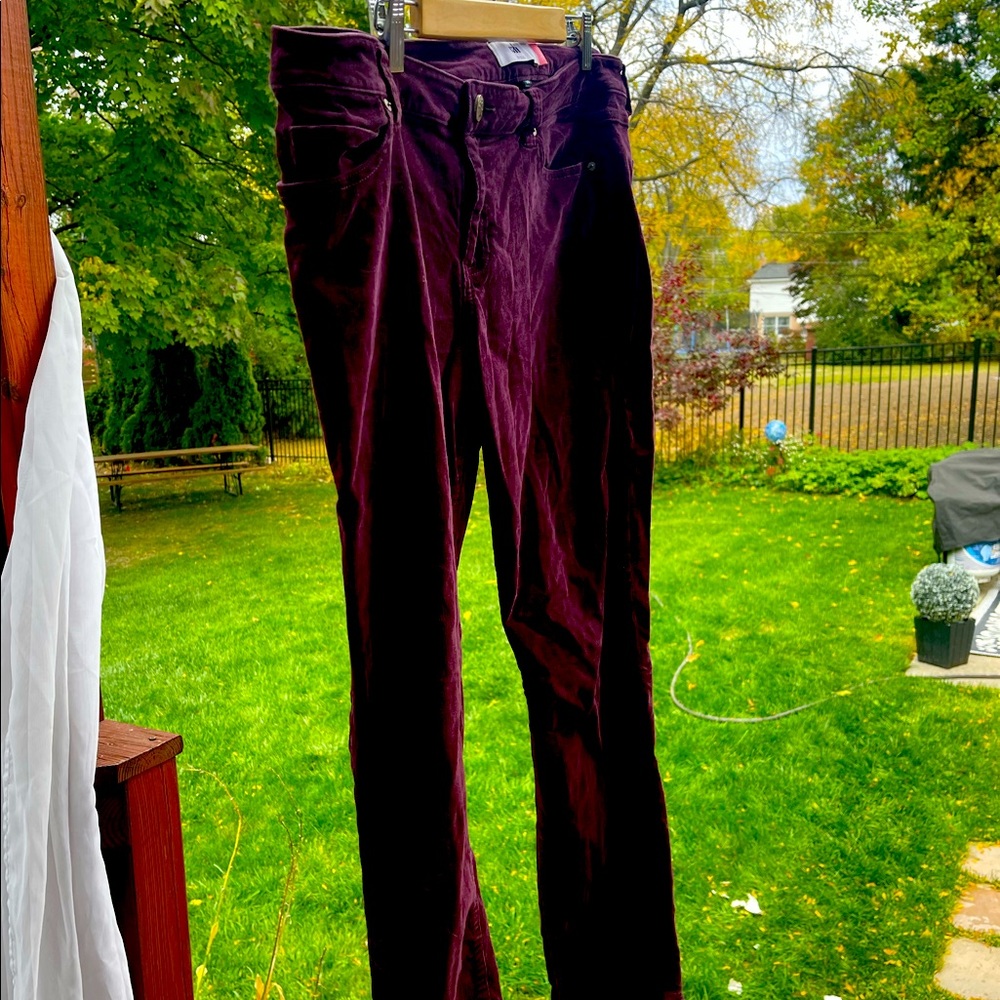 Cabi velvet velour skinny cords in purple, eggplant, plum tone for fall.